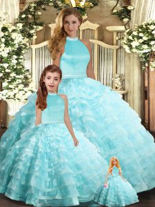 Best Selling Aqua Blue Halter Top Neckline Beading and Ruffled Layers Ball Gown Prom Dress Sleeveless Backless