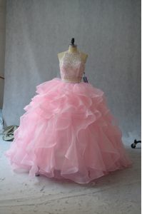 Sexy Organza Halter Top Sleeveless Backless Beading and Ruffles Sweet 16 Dresses in Pink