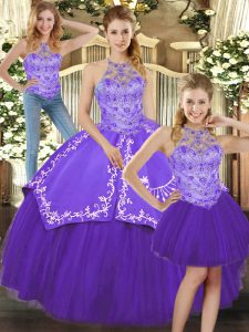 Unique Purple Three Pieces Halter Top Sleeveless Satin and Tulle Floor Length Lace Up Beading and Embroidery Quince Ball Gowns