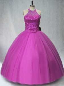 Latest Floor Length Purple Quince Ball Gowns Tulle Sleeveless Beading