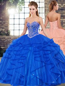 Affordable Royal Blue Sleeveless Floor Length Beading and Ruffles Lace Up Quinceanera Dress