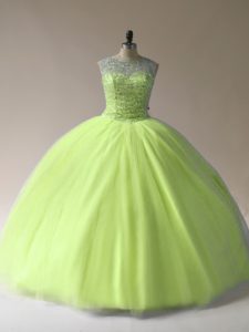 Fashionable Yellow Green Sleeveless Beading Floor Length Sweet 16 Dresses