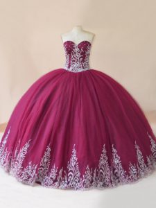 Charming Burgundy Tulle Lace Up Quince Ball Gowns Sleeveless Floor Length Embroidery