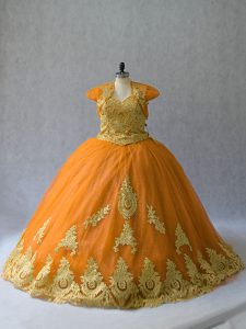 High End Sleeveless Tulle Court Train Lace Up Quinceanera Gown in Gold with Appliques