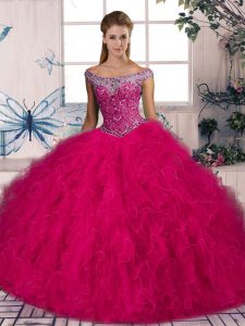 Superior Hot Pink Off The Shoulder Lace Up Beading and Ruffles Sweet 16 Quinceanera Dress Brush Train Sleeveless