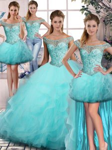 Floor Length Lace Up Quinceanera Gown Aqua Blue for Sweet 16 and Quinceanera with Beading and Ruffles