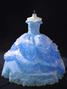 New Style Blue Ball Gowns Organza Off The Shoulder Sleeveless Beading and Appliques Floor Length Lace Up Quinceanera Dress