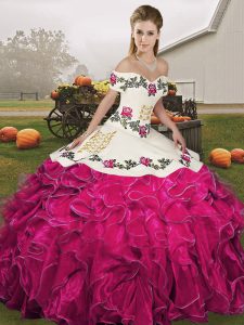 Noble Organza Off The Shoulder Sleeveless Lace Up Embroidery and Ruffles Quince Ball Gowns in Fuchsia