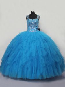 Floor Length Lace Up Vestidos de Quinceanera Blue for Sweet 16 and Quinceanera with Beading and Ruffles