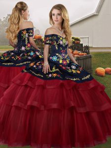 Wine Red Off The Shoulder Lace Up Embroidery and Ruffled Layers Sweet 16 Dresses Brush Train Sleeveless