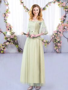 Floor Length Side Zipper Quinceanera Court of Honor Dress Yellow Green for Wedding Party with Lace and Belt
