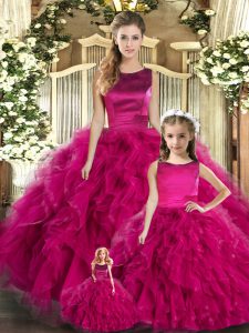 Tulle Scoop Sleeveless Lace Up Ruffles Sweet 16 Quinceanera Dress in Fuchsia