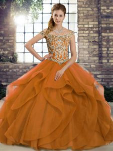 Attractive Orange 15th Birthday Dress Tulle Brush Train Sleeveless Beading and Ruffles