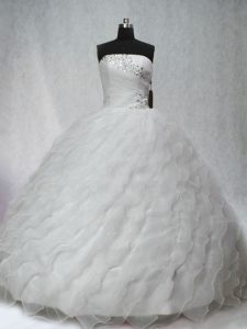 Organza Strapless Sleeveless Brush Train Lace Up Beading and Ruching Quinceanera Dresses in White