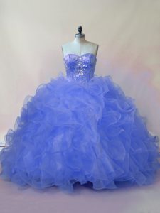 Fantastic Blue Organza Lace Up Sweetheart Sleeveless Floor Length 15th Birthday Dress Beading and Ruffles