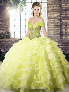 Clearance Yellow Organza Lace Up Off The Shoulder Sleeveless Sweet 16 Dresses Brush Train Beading and Ruffled Layers