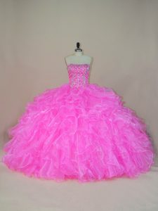 Pink Strapless Lace Up Beading and Ruffles Sweet 16 Dress Sleeveless