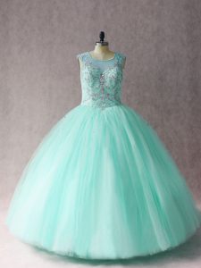 Charming Tulle Scoop Sleeveless Lace Up Beading 15 Quinceanera Dress in Apple Green