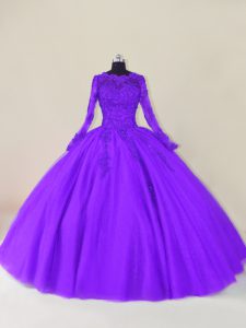 Scalloped Long Sleeves 15th Birthday Dress Floor Length Lace and Appliques Purple Tulle