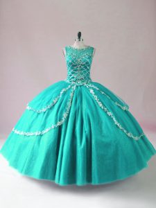 Sleeveless Floor Length Beading Zipper Ball Gown Prom Dress with Turquoise