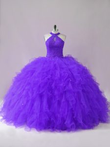 Fantastic Halter Top Sleeveless Sweet 16 Dress Floor Length Beading and Ruffles Purple Tulle