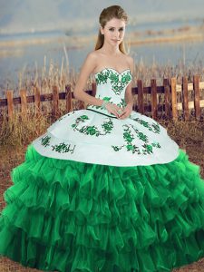 Green Sweet 16 Dress Military Ball and Sweet 16 and Quinceanera with Embroidery and Ruffled Layers and Bowknot Sweetheart Sleeveless Lace Up