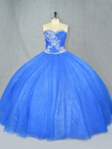 Blue Tulle Lace Up Sweetheart Sleeveless Floor Length Quinceanera Gown Beading