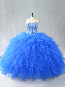 Blue Sweetheart Lace Up Beading and Ruffles Quinceanera Gown Sleeveless