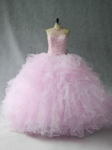 Romantic Pink Sleeveless Tulle Lace Up Quinceanera Dress for Sweet 16 and Quinceanera