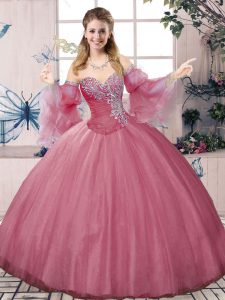 Most Popular Pink Ball Gowns Tulle Sweetheart Sleeveless Beading and Ruching Floor Length Lace Up Quinceanera Dress