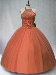 Brown Sweet 16 Dress Sweet 16 and Quinceanera with Beading Halter Top Sleeveless Lace Up