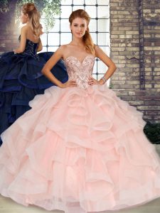 Pretty Baby Pink Tulle Lace Up Sweetheart Sleeveless Floor Length Sweet 16 Dresses Beading and Ruffles
