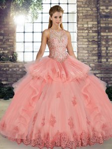 Spectacular Floor Length Watermelon Red Sweet 16 Dresses Tulle Sleeveless Lace and Embroidery and Ruffles
