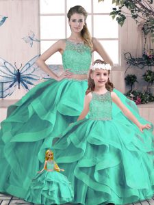On Sale Turquoise Sleeveless Floor Length Beading and Lace and Ruffles Lace Up Sweet 16 Dress