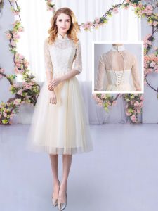 Cute High-neck Half Sleeves Quinceanera Court Dresses Tea Length Lace Champagne Tulle