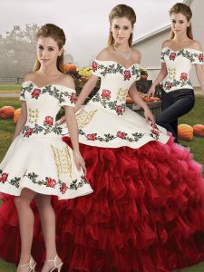 Sleeveless Floor Length Embroidery and Ruffled Layers Lace Up Quinceanera Dresses with Wine Red