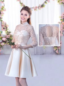 Champagne High-neck Neckline Lace and Belt Dama Dress for Quinceanera Half Sleeves Lace Up