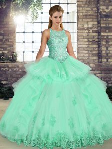 Sumptuous Floor Length Apple Green Sweet 16 Quinceanera Dress Tulle Sleeveless Lace and Embroidery and Ruffles