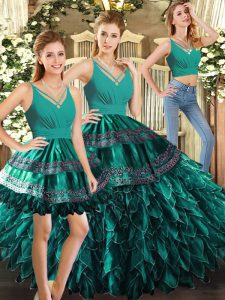 Turquoise Ball Gowns Organza V-neck Sleeveless Appliques and Ruffles Floor Length Backless Sweet 16 Quinceanera Dress