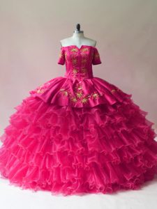 Off The Shoulder Sleeveless Sweet 16 Dresses Floor Length Embroidery and Ruffled Layers Fuchsia Organza
