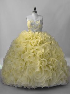 Yellow Ball Gowns Beading Quince Ball Gowns Lace Up Fabric With Rolling Flowers Sleeveless