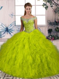 Olive Green Ball Gowns Tulle Off The Shoulder Sleeveless Beading and Ruffles Lace Up Vestidos de Quinceanera Brush Train