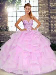 Lilac Sweetheart Neckline Beading and Ruffles Vestidos de Quinceanera Sleeveless Lace Up