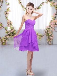 Lavender Empire Chiffon Sweetheart Sleeveless Ruffles and Ruching Knee Length Lace Up Quinceanera Court of Honor Dress