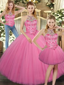 Floor Length Rose Pink Vestidos de Quinceanera Tulle Sleeveless Embroidery