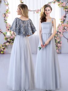Grey Tulle Lace Up Quinceanera Dama Dress Sleeveless Floor Length Appliques