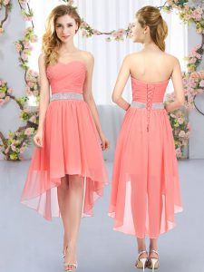 Traditional Watermelon Red Sleeveless High Low Belt Lace Up Dama Dress