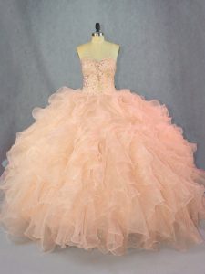 Ball Gowns Quinceanera Gowns Peach Sweetheart Organza Sleeveless Floor Length Lace Up