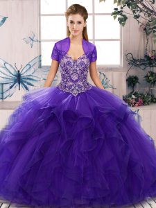 Top Selling Floor Length Lace Up Sweet 16 Quinceanera Dress Purple for Military Ball and Sweet 16 and Quinceanera with Beading and Ruffles