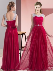 Glittering Wine Red Sleeveless Floor Length Beading and Belt Lace Up Dama Dress for Quinceanera